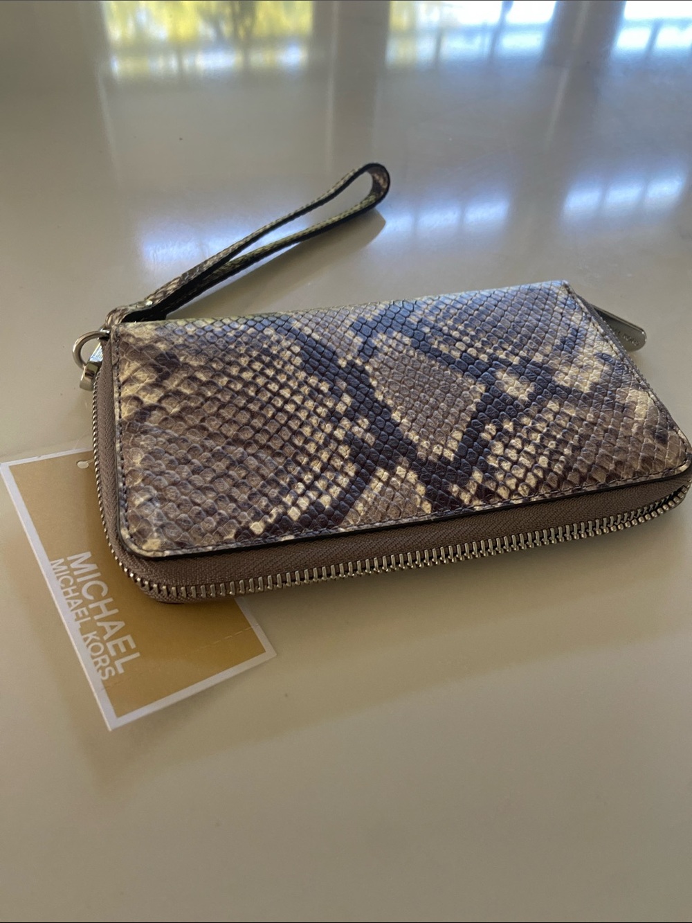 Michael Kors Python-Embossed Zip Wristlet - Taupe & Brown